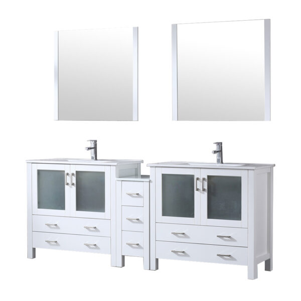 Volez 84W x 18.25D White Double Bath Vanity with Side Cabinet, Faucet Set, White Ceramic Top, and 34Mirrors