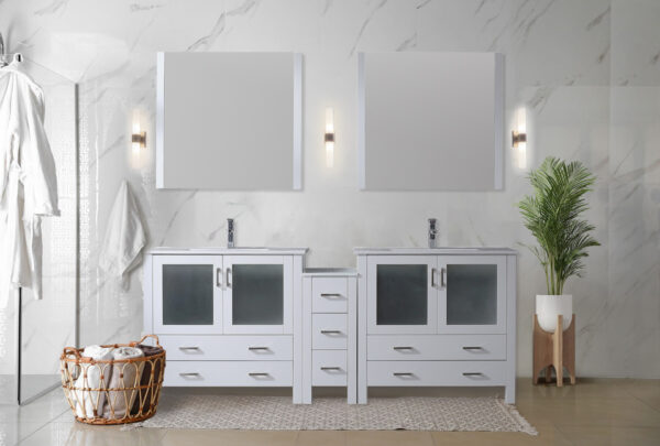 Volez 84W x 18.25D White Double Bath Vanity with Side Cabinet, and White Ceramic Top