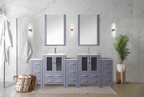 Volez 84W Dark Grey Double Bath Vanity with Side Cabinets, Faucet Set, White Ceramic Top, and 22Mirrors