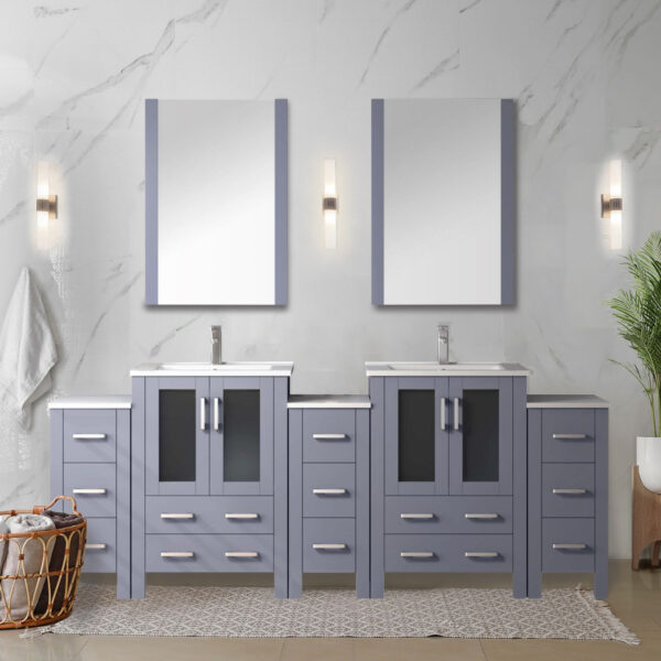 Volez 84W Dark Grey Double Bath Vanity with Side Cabinets, Faucet Set, White Ceramic Top, and 22Mirrors