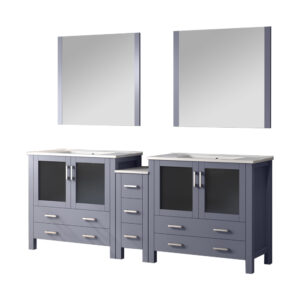 Volez 84W x 18.25D Dark Grey Double Bath Vanity with Side Cabinet, White Ceramic Top, and 34Mirrors