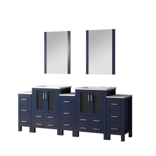 Volez 84W x 18.25D Navy Blue Double Bath Vanity with Side Cabinets, White Ceramic Top, and 22Mirrors