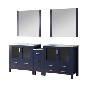 Volez 84W x 18.25D Navy Blue Double Bath Vanity with Side Cabinet, White Ceramic Top, and 34Mirrors