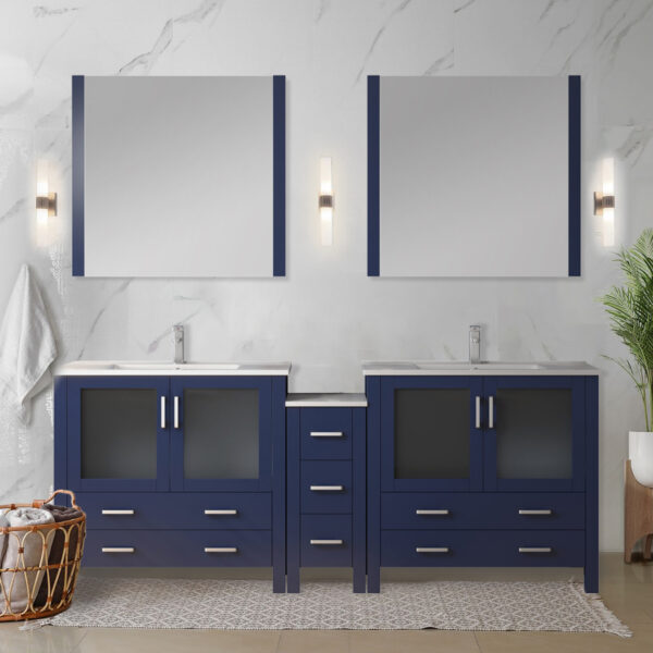 Volez 84W Navy Blue Double Bath Vanity with Side Cabinet, Faucet Set, White Ceramic Top, and 34Mirrors