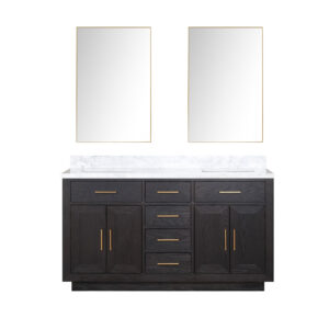 Abbey 60W x 22D Black Oak Double Bath Vanity, Carrara Marble Top, and 28Mirrors