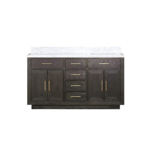 Abbey 60W x 22D Brown Oak Double Bath Vanity and Carrara Marble Top