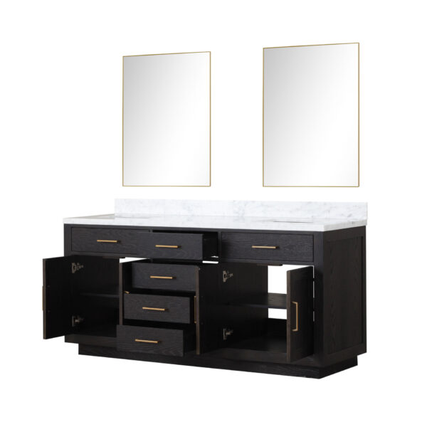 Abbey 72W x 22D Black Oak Double Bath Vanity, Carrara Marble Top, and 34Mirrors