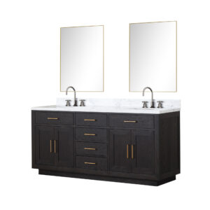 Abbey 72W x 22D Black Oak Double Bath Vanity, Carrara Marble Top, Faucet Set, and 34Mirrors