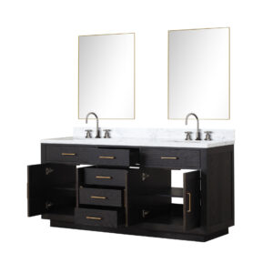 Abbey 72W x 22D Black Oak Double Bath Vanity, Carrara Marble Top, Faucet Set, and 34Mirrors