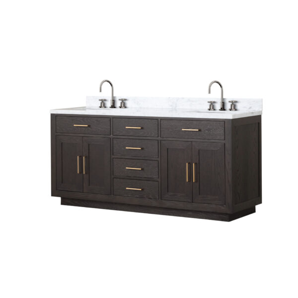 Abbey 72W x 22D Brown Oak Double Bath Vanity, Carrara Marble Top, and Faucet Set