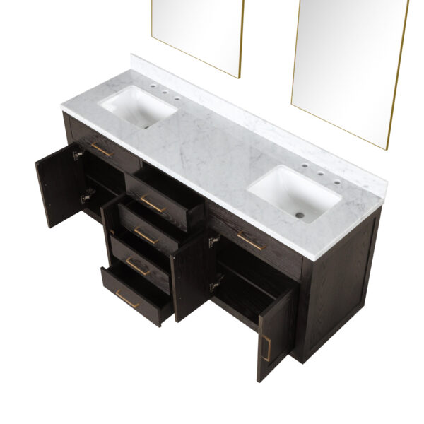 Abbey 72W x 22D Brown Oak Double Bath Vanity, Carrara Marble Top, and 34Mirrors