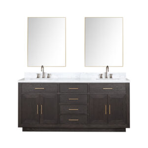 Abbey 72W x 22D Brown Oak Double Bath Vanity, Carrara Marble Top, Faucet Set, and 34Mirrors