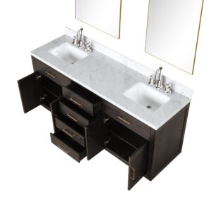 Abbey 72W x 22D Brown Oak Double Bath Vanity, Carrara Marble Top, Faucet Set, and 34Mirrors