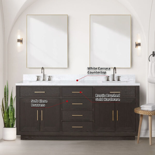 Abbey 72W x 22D Brown Oak Double Bath Vanity and Carrara Marble Top