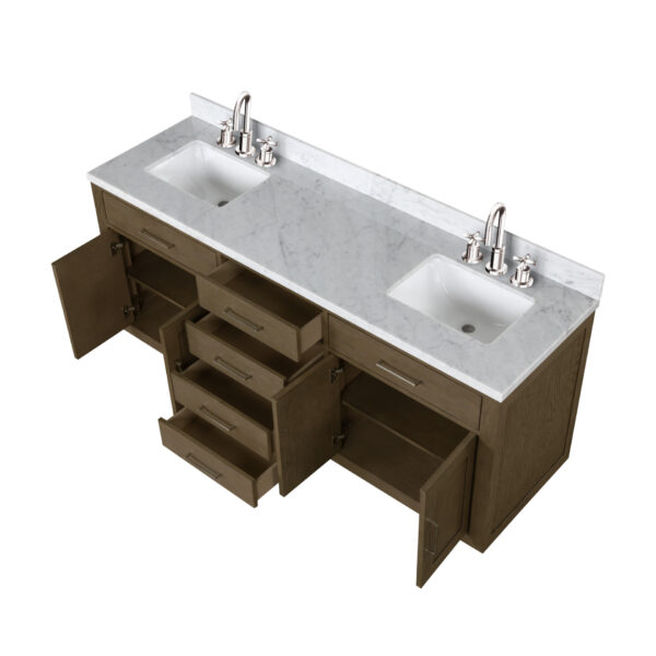 Abbey 72W x 22D Grey Oak Double Bath Vanity, Carrara Marble Top, and Faucet Set