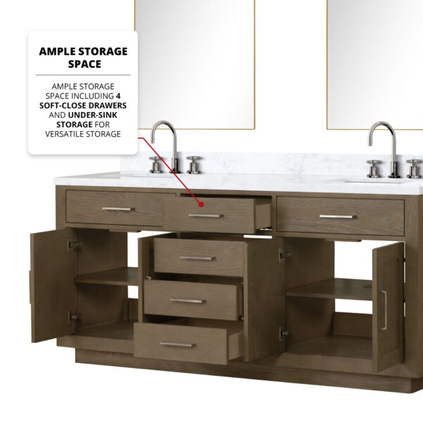 Abbey 72W x 22D Grey Oak Double Bath Vanity and Carrara Marble Top