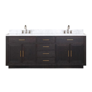 Abbey 80W x 22D Black Oak Double Bath Vanity, Carrara Marble Top, and Faucet Set