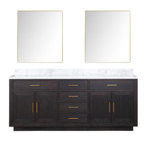 Abbey 80W x 22D Black Oak Double Bath Vanity, Carrara Marble Top, and 36Mirrors