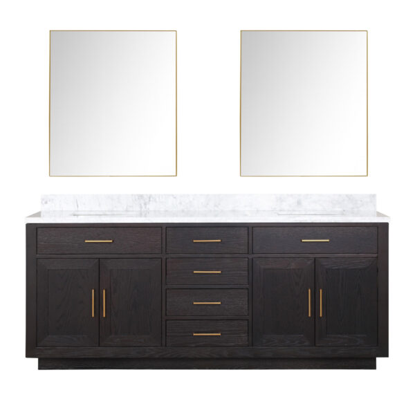 Abbey 80W x 22D Black Oak Double Bath Vanity, Carrara Marble Top, and 36Mirrors