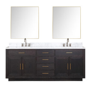 Abbey 80W x 22D Black Oak Double Bath Vanity, Carrara Marble Top, Faucet Set, and 36Mirrors