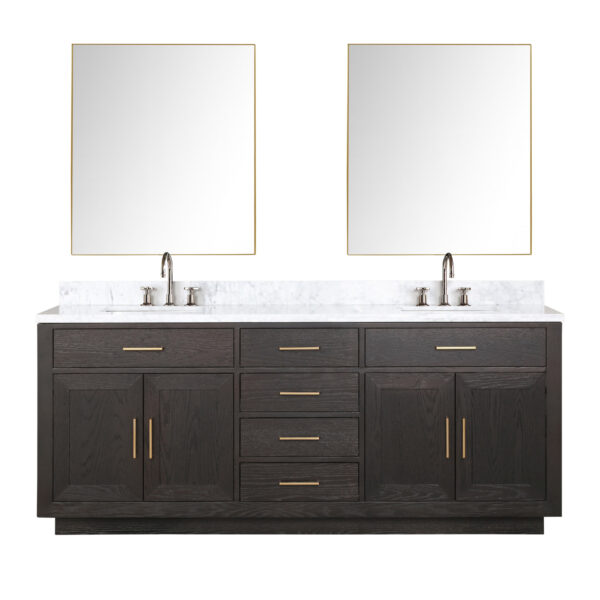 Abbey 80W x 22D Brown Oak Double Bath Vanity, Carrara Marble Top, Faucet Set, and 36Mirrors