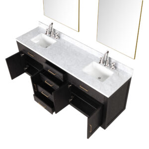 Abbey 80W x 22D Brown Oak Double Bath Vanity, Carrara Marble Top, Faucet Set, and 36Mirrors