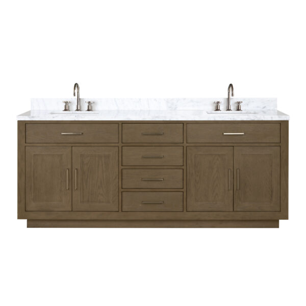 Abbey 80W x 22D Grey Oak Double Bath Vanity, Carrara Marble Top, and Faucet Set