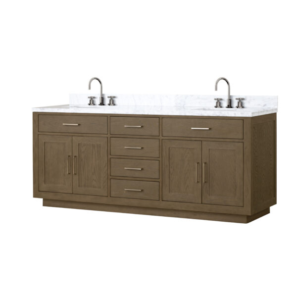 Abbey 80W x 22D Grey Oak Double Bath Vanity, Carrara Marble Top, and Faucet Set