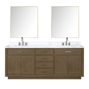 Abbey 80W x 22D Grey Oak Double Bath Vanity, Carrara Marble Top, Faucet Set, and 36Mirrors