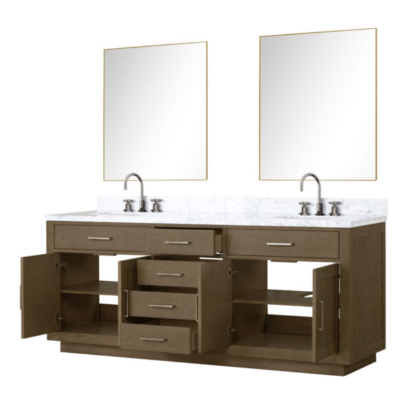 Abbey 80W x 22D Grey Oak Double Bath Vanity, Carrara Marble Top, Faucet Set, and 36Mirrors