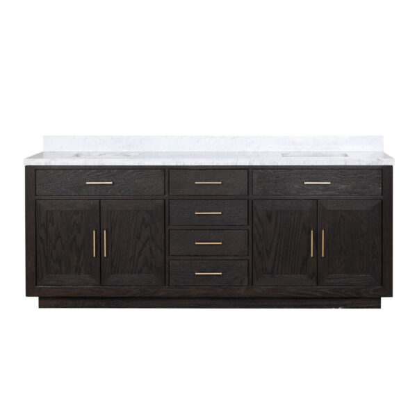 Abbey 84W x 22D Black Oak Double Bath Vanity and Carrara Marble Top