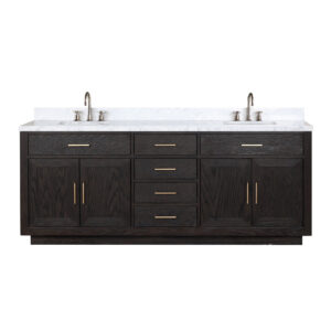 Abbey 84W x 22D Black Oak Double Bath Vanity, Carrara Marble Top, and Faucet Set