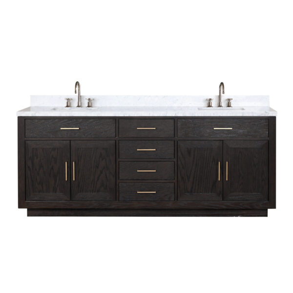 Abbey 84W x 22D Black Oak Double Bath Vanity, Carrara Marble Top, and Faucet Set