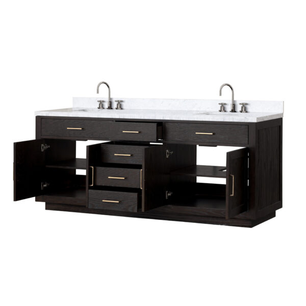 Abbey 84W x 22D Black Oak Double Bath Vanity, Carrara Marble Top, and Faucet Set