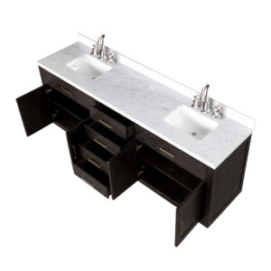 Abbey 84W x 22D Black Oak Double Bath Vanity, Carrara Marble Top, and Faucet Set