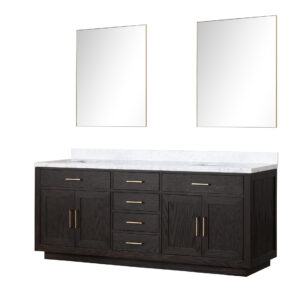 Abbey 84W x 22D Black Oak Double Bath Vanity, Carrara Marble Top, and 36Mirrors