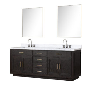 Abbey 84W x 22D Black Oak Double Bath Vanity, Carrara Marble Top, Faucet Set, and 36Mirrors