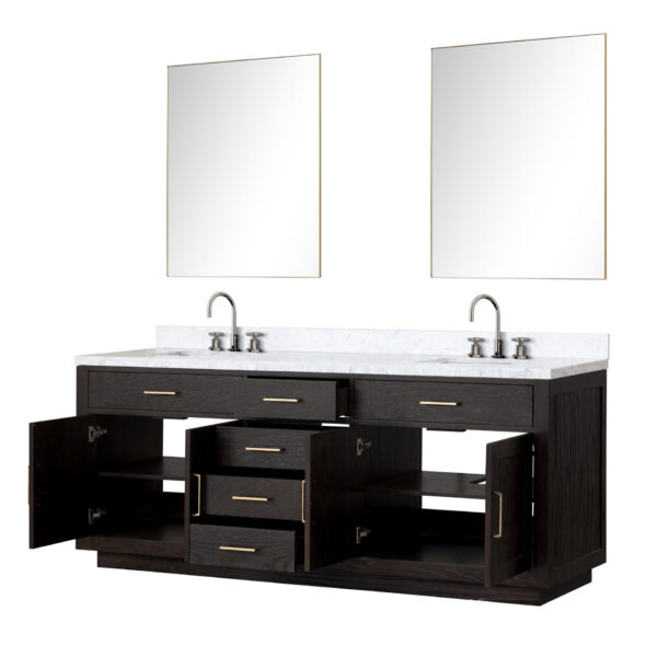 Abbey 84W x 22D Black Oak Double Bath Vanity, Carrara Marble Top, Faucet Set, and 36Mirrors