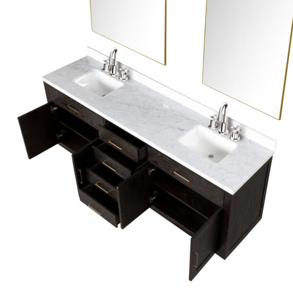 Abbey 84W x 22D Black Oak Double Bath Vanity, Carrara Marble Top, Faucet Set, and 36Mirrors