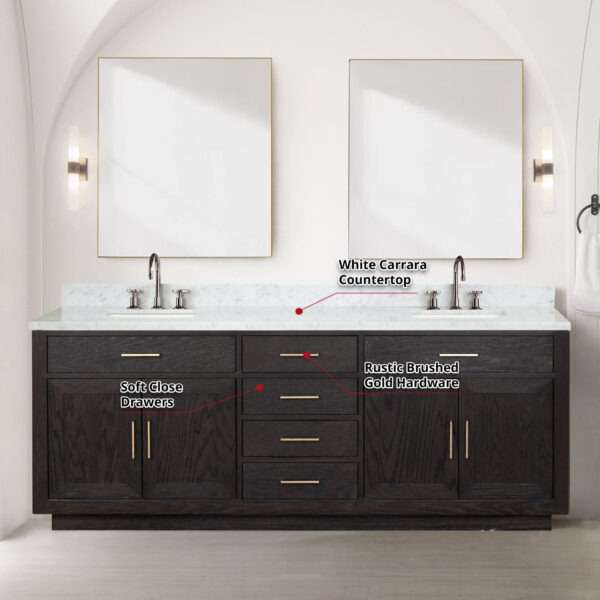 Abbey 84W x 22D Black Oak Double Bath Vanity and Carrara Marble Top