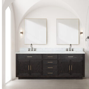 Abbey 84W x 22D Black Oak Double Bath Vanity and Carrara Marble Top