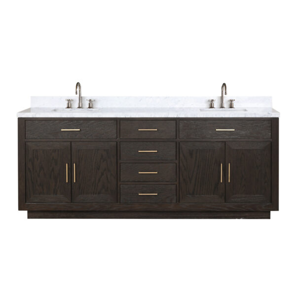 Abbey 84W x 22D Brown Oak Double Bath Vanity, Carrara Marble Top, and Faucet Set