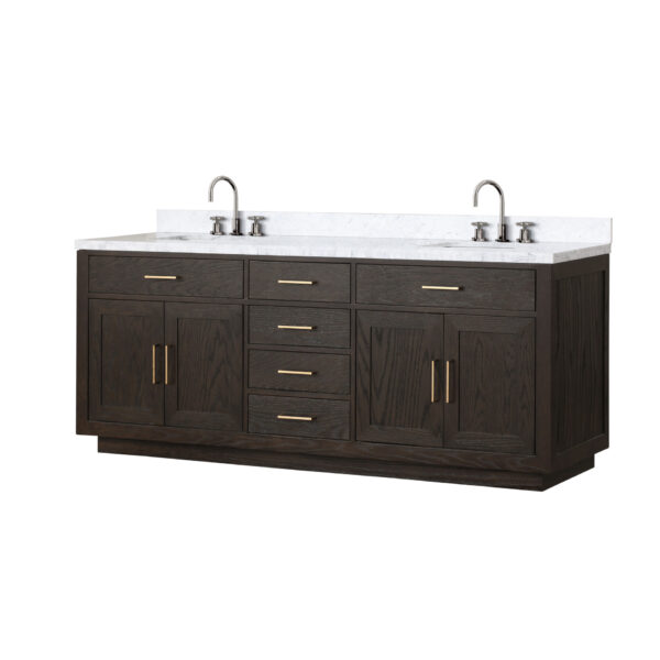 Abbey 84W x 22D Brown Oak Double Bath Vanity, Carrara Marble Top, and Faucet Set