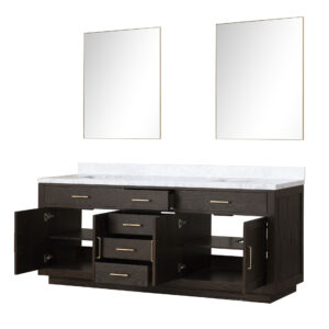 Abbey 84W x 22D Brown Oak Double Bath Vanity, Carrara Marble Top, and 36Mirrors