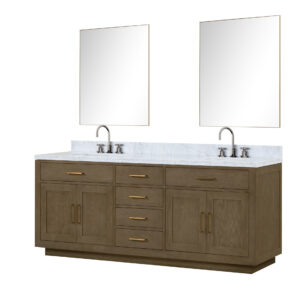 Abbey 84W x 22D Grey Oak Double Bath Vanity, Carrara Marble Top, Faucet Set, and 36Mirrors