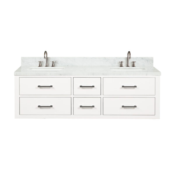 Castor 60W x 22D White Double Bath Vanity, Carrara Marble Top, and Faucet Set