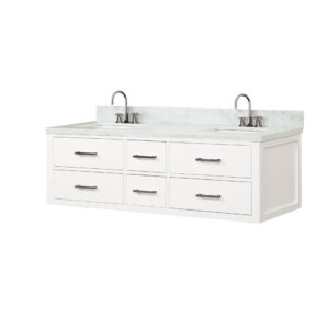 Castor 60W x 22D White Double Bath Vanity, Carrara Marble Top, and Faucet Set