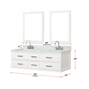 Castor 60W x 22D White Double Bath Vanity and Carrara Marble Top