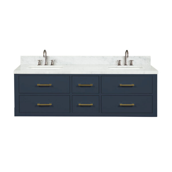 Castor 60W x 22D Blue Double Bath Vanity, Carrara Marble Top, and Faucet Set