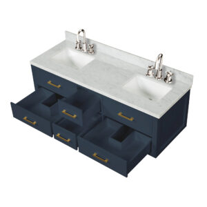 Castor 60W x 22D Blue Double Bath Vanity, Carrara Marble Top, and Faucet Set